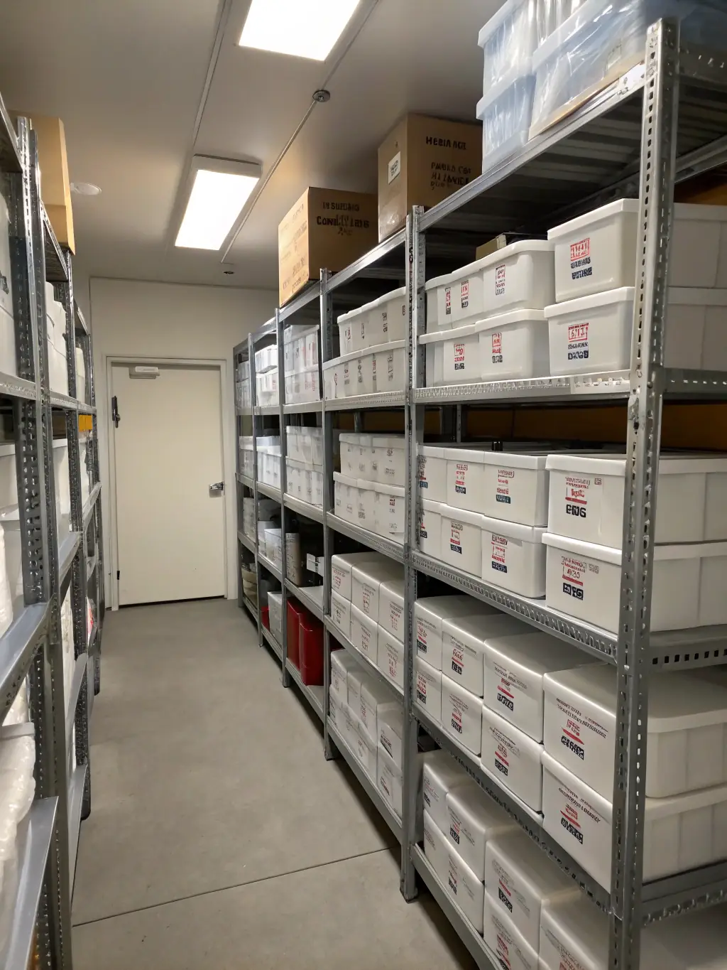 A secure storage unit filled with neatly organized boxes, labeled clearly, inside a Roadrunner Moving & Storage warehouse, showcasing cleanliness and security.