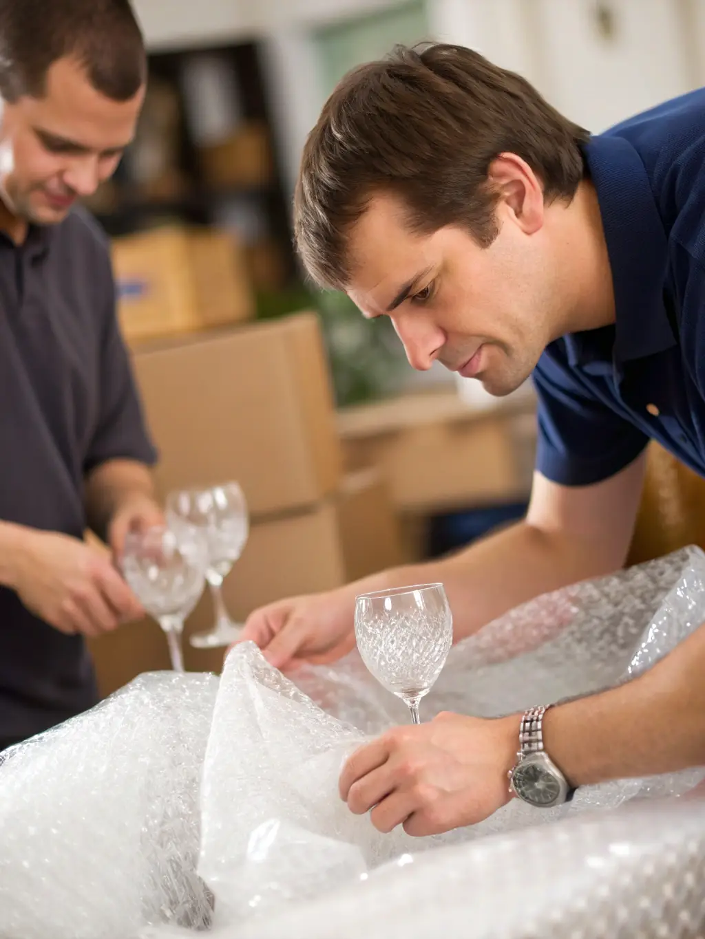 Interior shot of Roadrunner Moving & Storage movers carefully wrapping fragile items in bubble wrap inside a home, showcasing attention to detail and care.