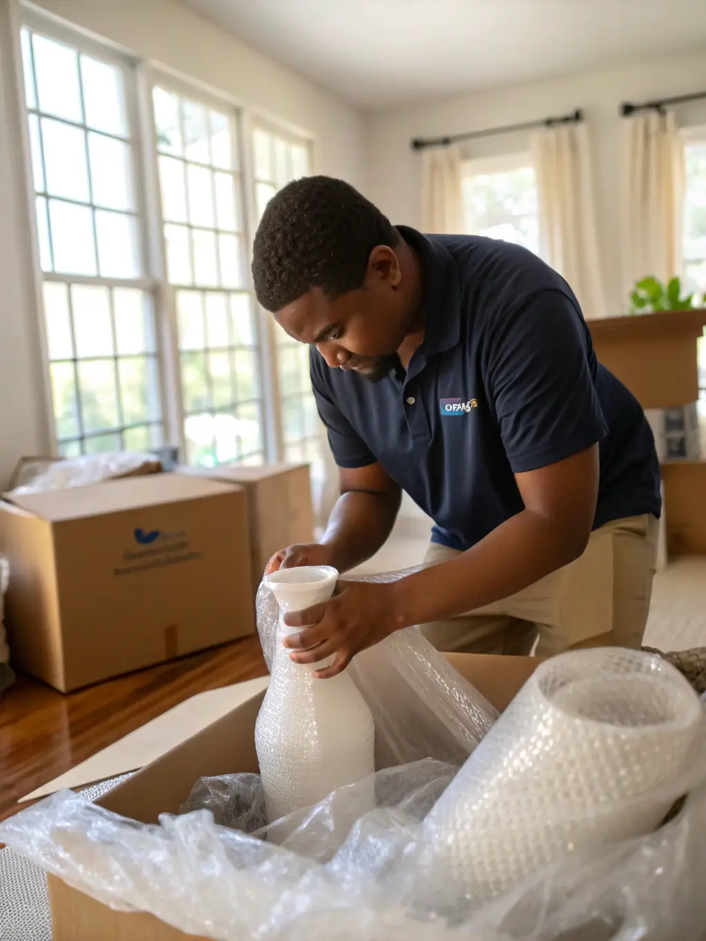 A close-up shot of the Roadrunner Moving & Storage team using specialized equipment to carefully load a delicate item onto a truck, showcasing their expertise and attention to detail.