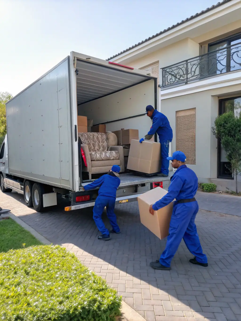 A Roadrunner Moving & Storage truck parked outside an apartment building, movers carefully carrying furniture out of the building, urban setting.