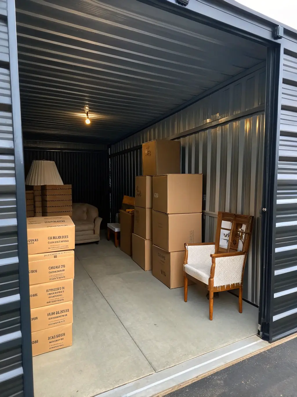 An interior shot of Roadrunner Moving & Storage's climate-controlled storage facility, showing organized rows of storage units with various sized boxes and furniture neatly arranged.