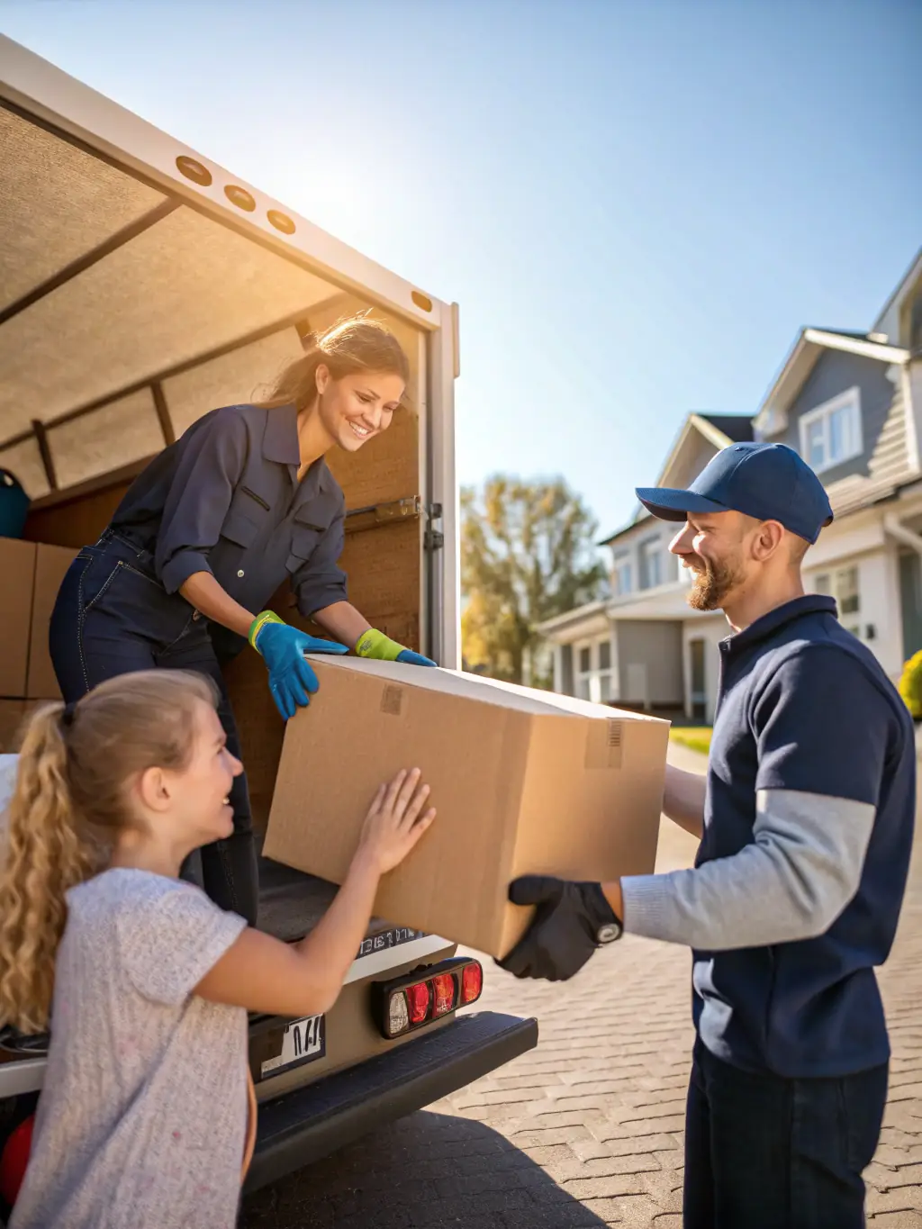 A family smiling and handing a box to a Roadrunner Moving & Storage mover in front of their new home, bright sunny day, focus on the family and the Roadrunner truck in the background.