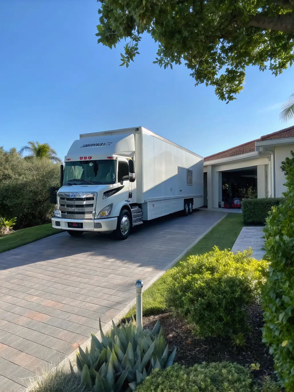 A high-quality photograph of a Roadrunner Moving & Storage truck, showcasing its modern design and branding, parked in front of the company's main Houston facility during a bright, sunny day.